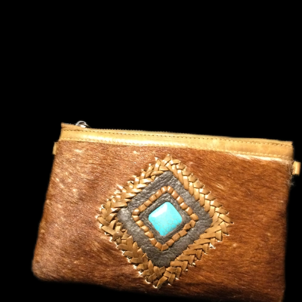 Brown Leather Clutch with Turquoise Accent Vintage Rustic Designer Mini